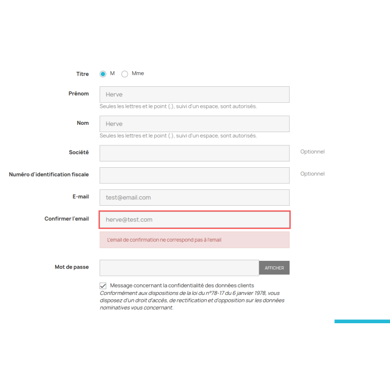 Registration form confirm email