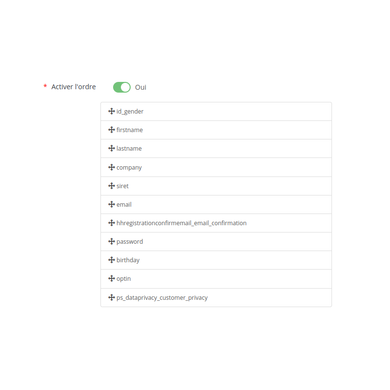 Tri des champs du formulaire de création de compte